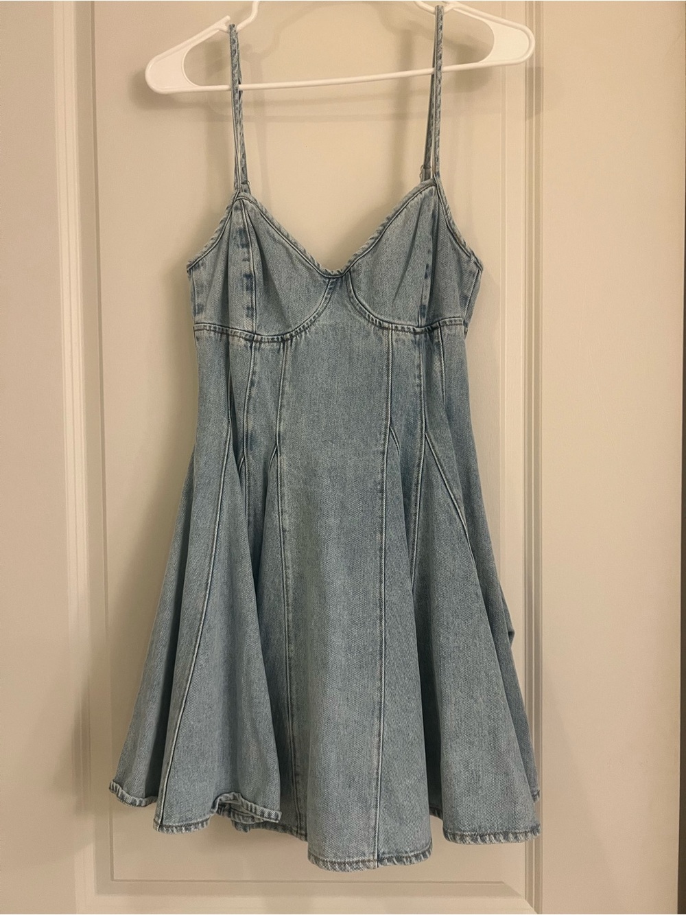 Denim Mini Dress with Spaghetti Straps - Light Blue